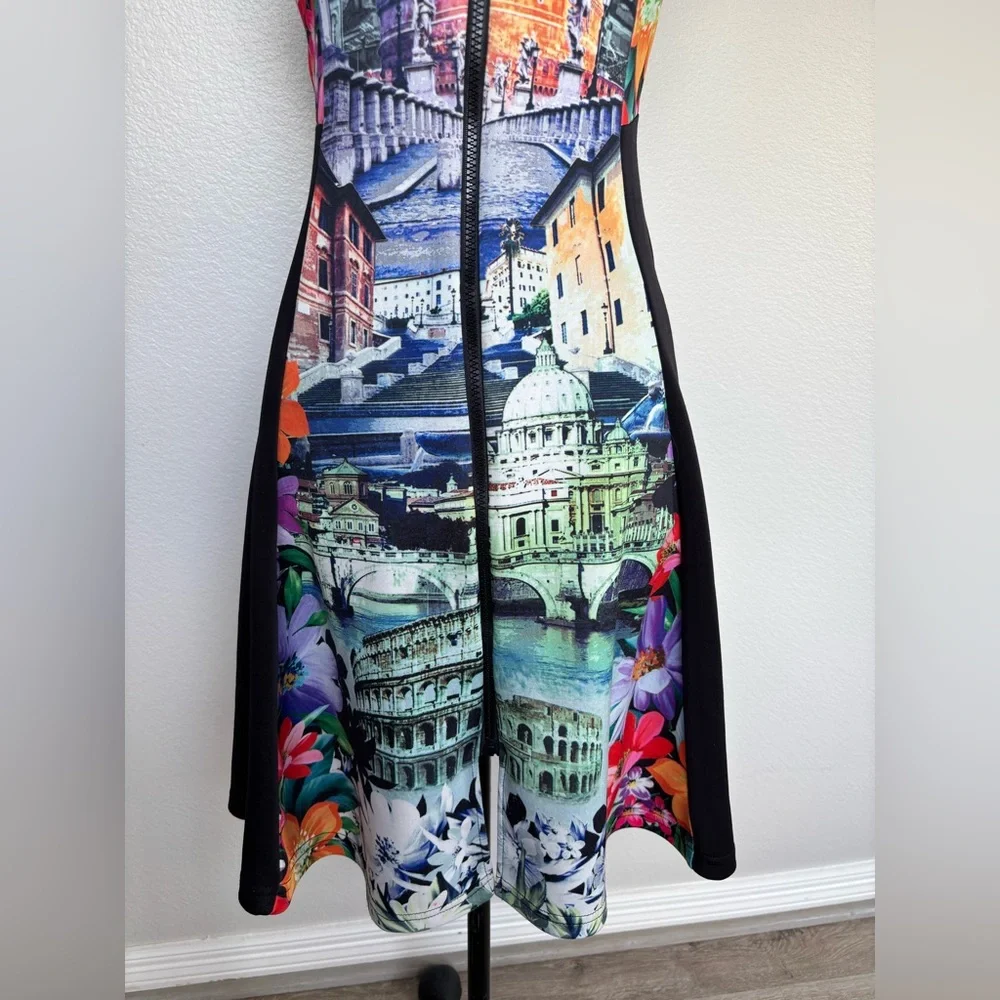 Just Love Multi-Color Scenic Print Midi Dress with Black Panels - Picture 4 of 15